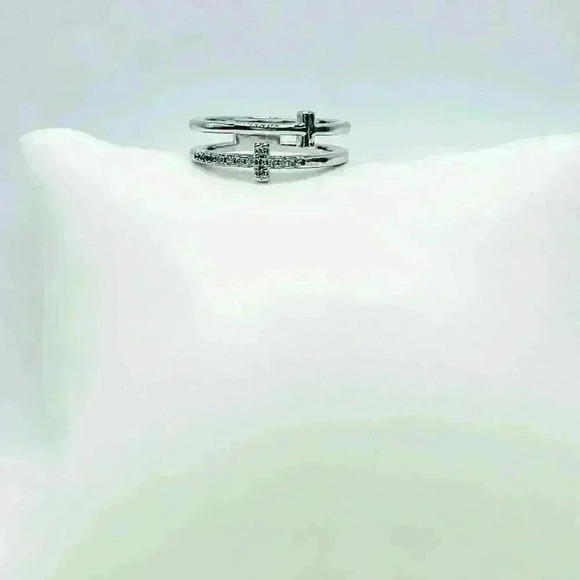 Silver Double Cross Rhinestones Ring Size 7 - Picture 6 of 8